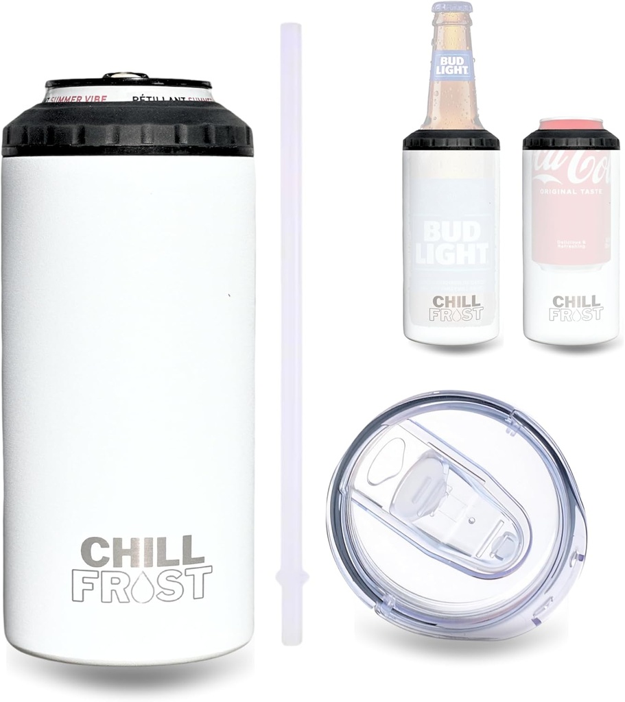 ChillFrost Can Cooler Insulated for 12 oz Cans, Beer Bottles, Soda Cans - Premium Stainless Steel 3-in-1 16oz Tumbler, White Powder-Coated Matte Finish, BPA-Free, Leak-Proof Lid, Outdoor Picnic Beach