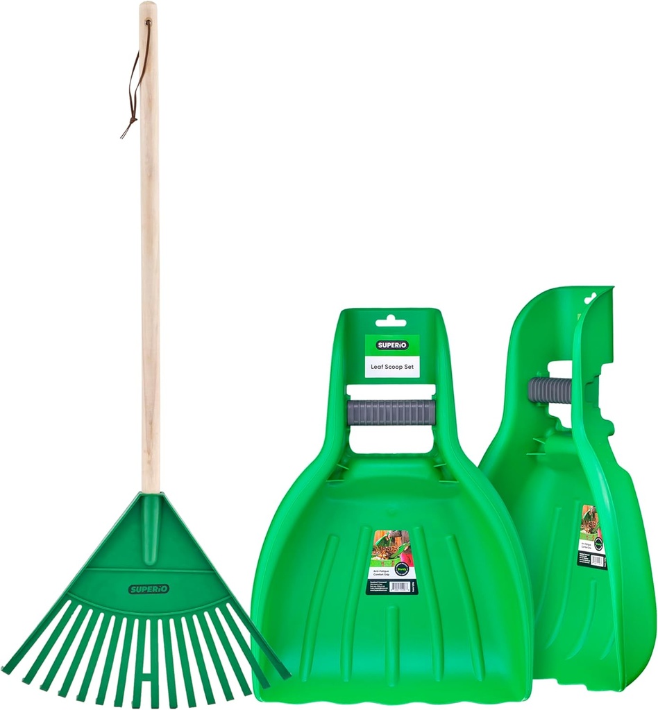 Child-Size Leaf Collector & Rake Set – Garden Leaf Scoops and Lawn Cleaning Tools for Kids, Includes 1 Rake and 1 Pair of Leaf Grabbers, Green Plastic – by Superio