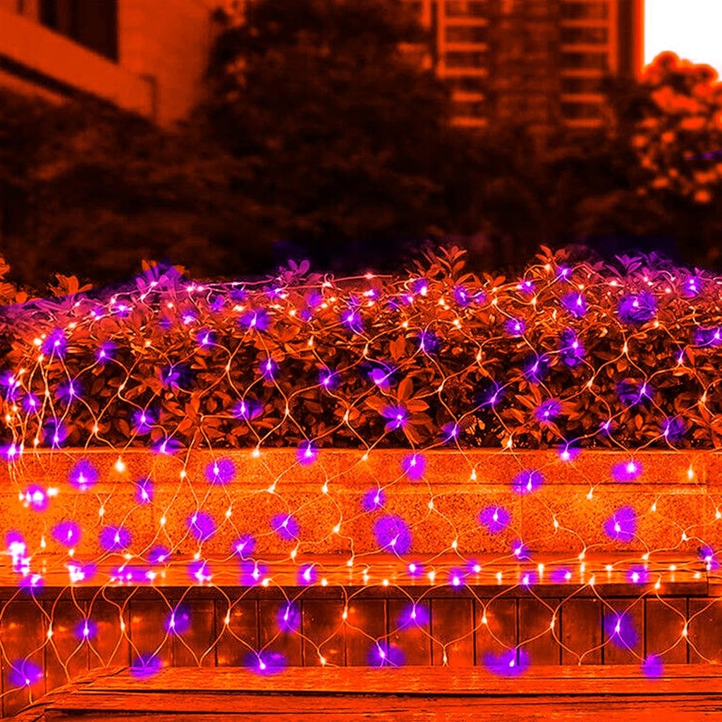FUNPENY Halloween 200 LED Net Lights, 9.8ft x 6.6ft 8 Modes Waterproof Connectable Clear Wire Halloween Decorations for Outdoor Garden Party Decor (Orange & Purple)