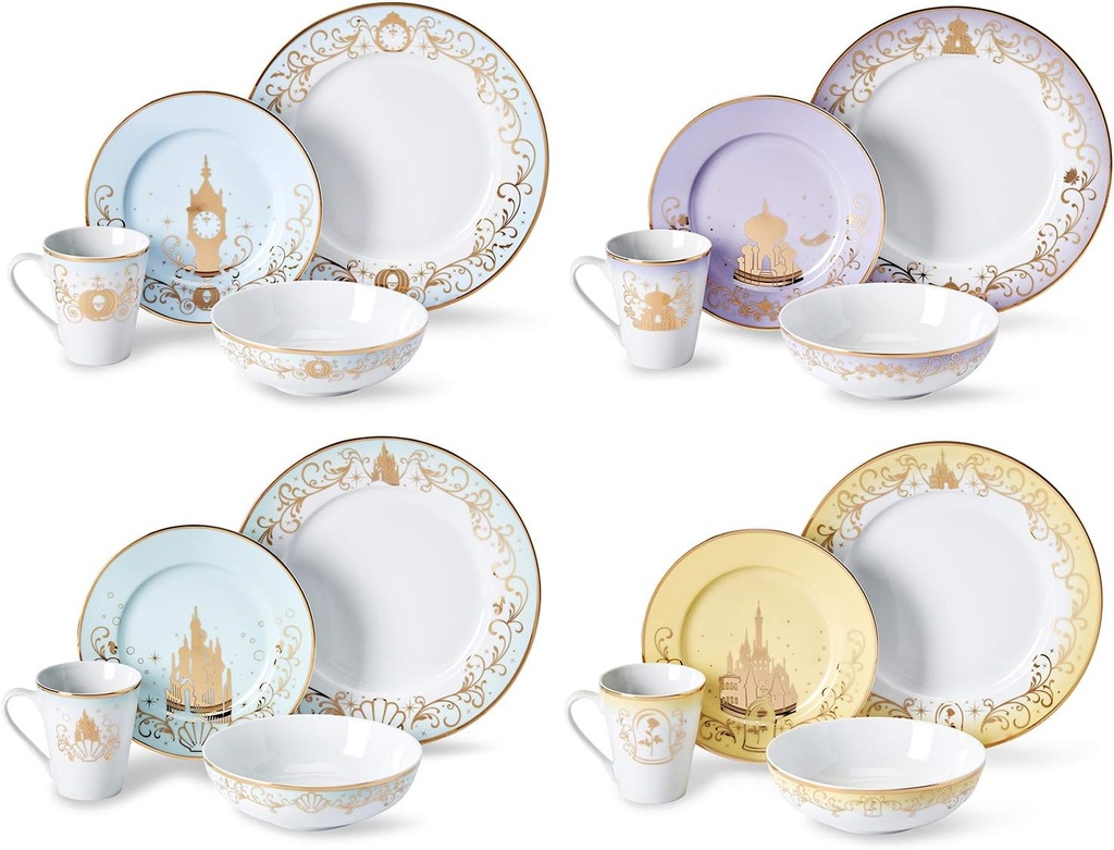 Disney Themed Dinnerware Set - 16 Ceramic Dishes, 4 Place Settings | Collection 1| Cinderella, Aladdin, Little Mermaid, & Beauty and the Beast Colorful Dinner & Dessert Plates, Bowl & Mug