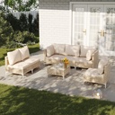 Patio Furniture Set, Outdoor Couch with Glass Coffee Table&Thick Cushion, Wicker Chaise Longue Sofa Set, All-Weather PE Rattan Conversation Set for Garden, Deck, Poolside(7pcs Yellow&Beige)