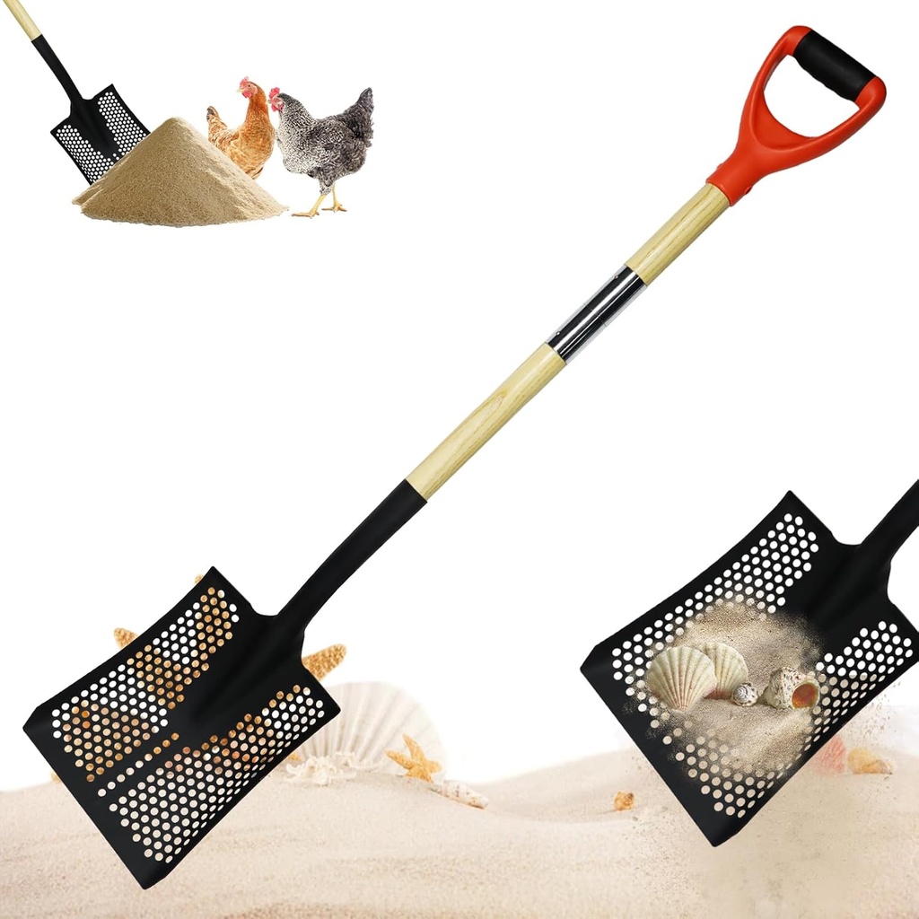 Heavy Duty Sifting Shovel - 48.8" Long Metal Sand Sifter with Hole for Beach, Chicken Coop & Farm Use, Rock Sifter Shovel with Ergonomic D-Grip Handle for Sand & Poop Cleaning