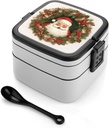 Double Layer Bento Boxes Christmas Holiday Santa Claus Wreath Bento Box for Adults Leakproof Lunch Box for Office Work Travel Large Capacity Meal Boxes With Removable Compartments
