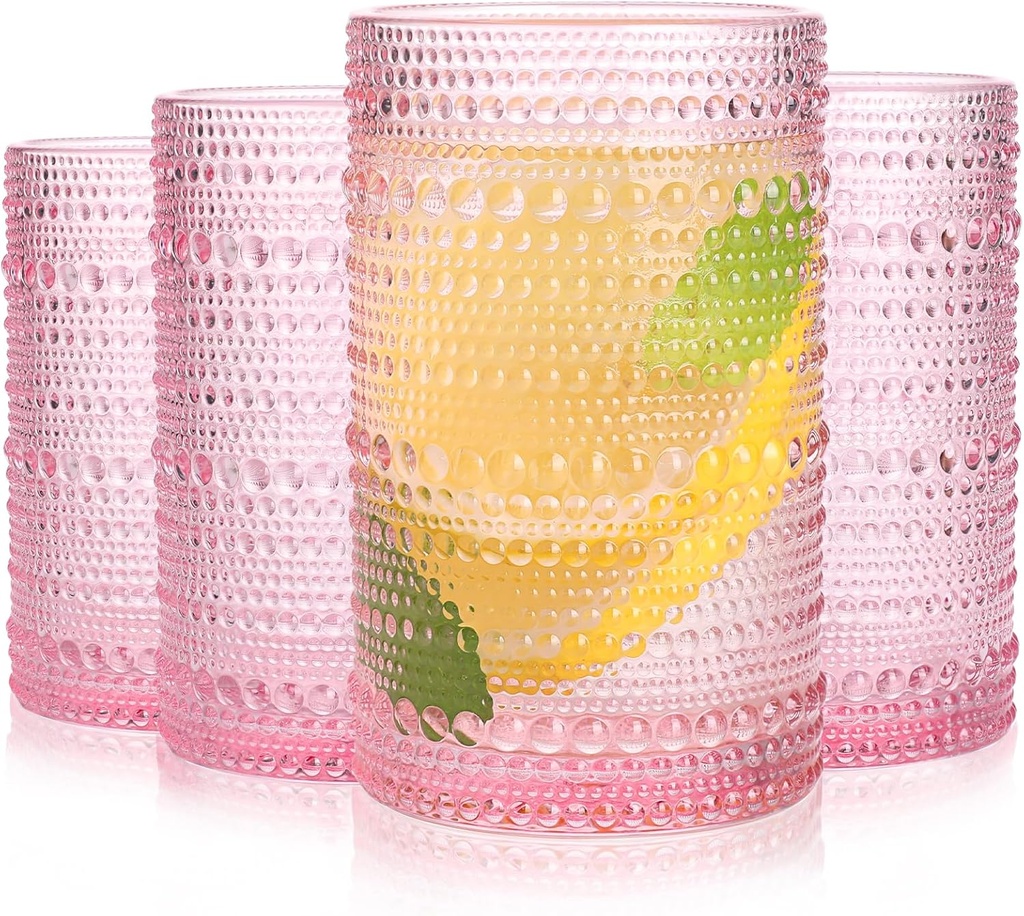 Pink Hobnail Glasses Drinking Set of 4, 12 oz Cocktail Glasses, Pink Vintage Glassware for Beer, Cocktail, Soda, Juice, Coffee and Various Mixed Drinks