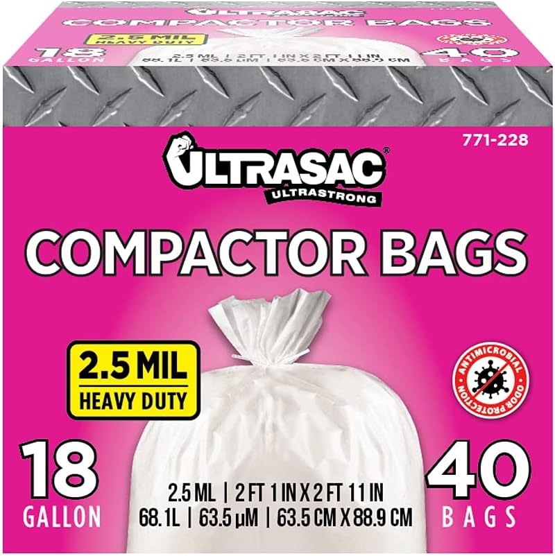 Ultrasac Trash Compactor Bags - (40 Pack with Ties) 18 Gallon for 15 inch Compactors - 25" x 35" Heavy Duty 2.5 MIL Garbage Disposal Bags Compatible with Kitchenaid Kenmore Whirlpool GE Gladiator