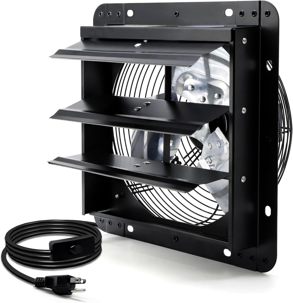 7 Inch Shutter Exhaust Fan, Wall Mounted Attic Fan with Power Cord for Greenhouse, Shed, Garage, Barn, Chicken Coop Ventilation, 760 CFM, Black