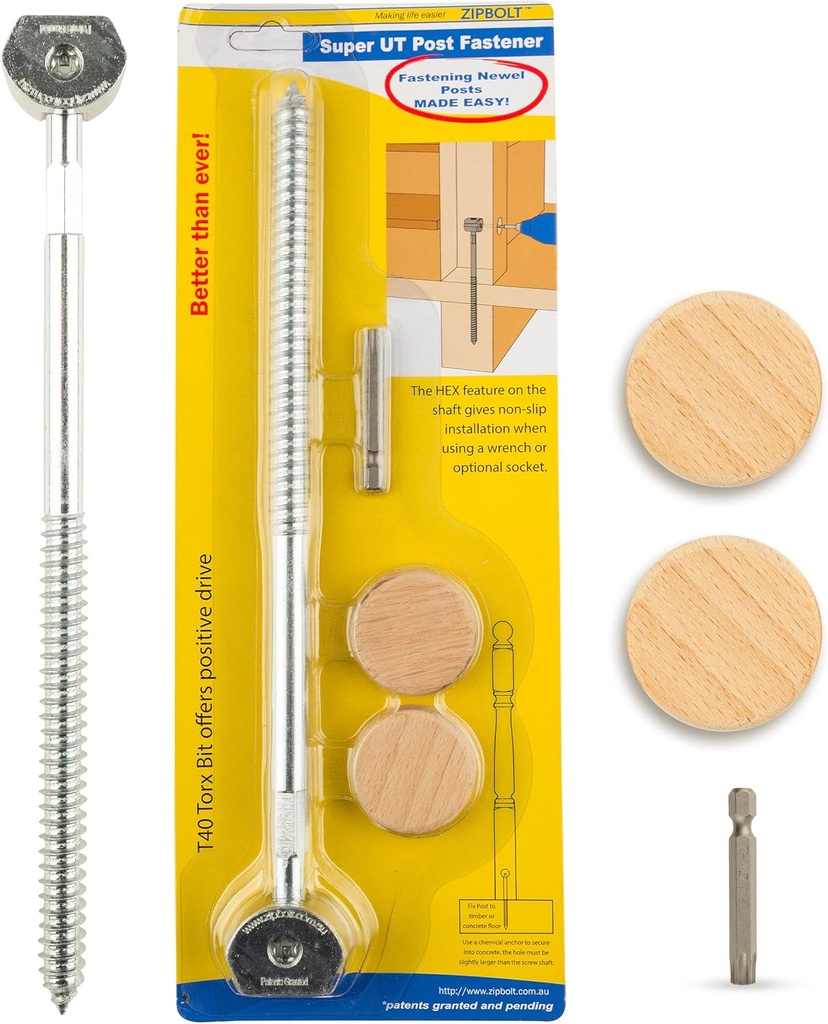 Zipbolt 14.110 Super UT Newel Post Fastener — Quick and Easy Wrench-Free Installation of Staircase Newel Posts, Anchors Post Directly to Wood or Concrete Floor
