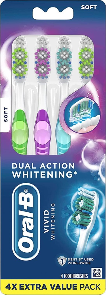 Oral-B 3D White Stain Eraser, 4 count SOFT manual tootbrush pack, Removes Stains, Whitens Teeth, Tongue and Cheek Cleaner