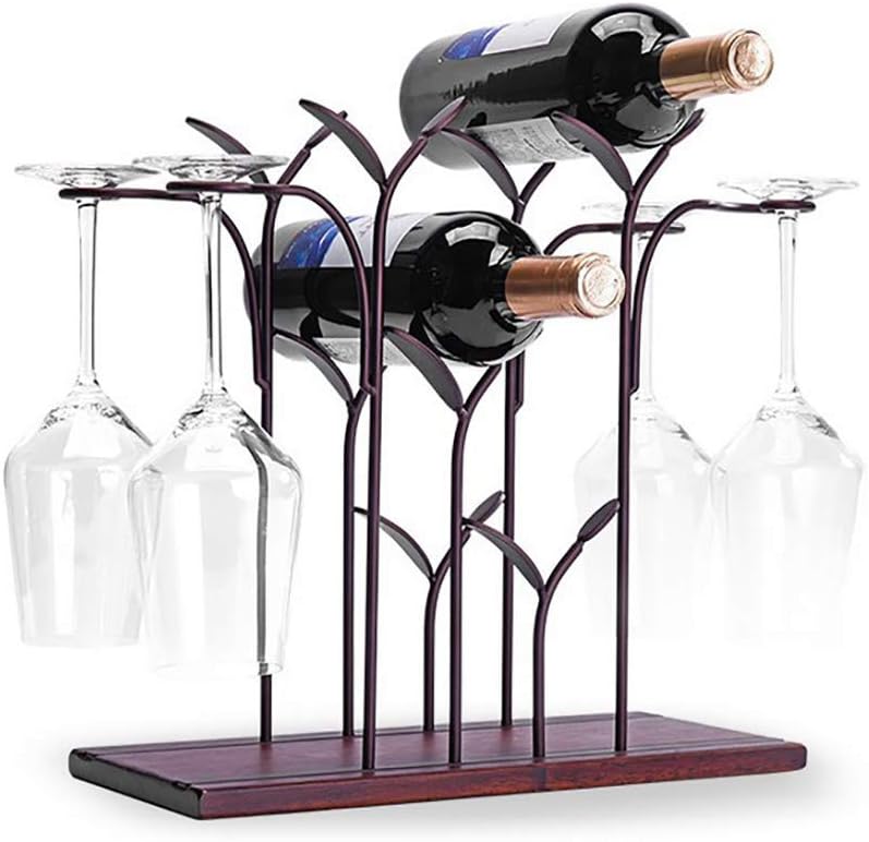 Metal Wine Rack Wine Bottle Holder with Glasses Holder 4 Bottle Wine Display Shelf Free Standing Non-Slip Wooden Base for Kitchen Wine Cellar Bar