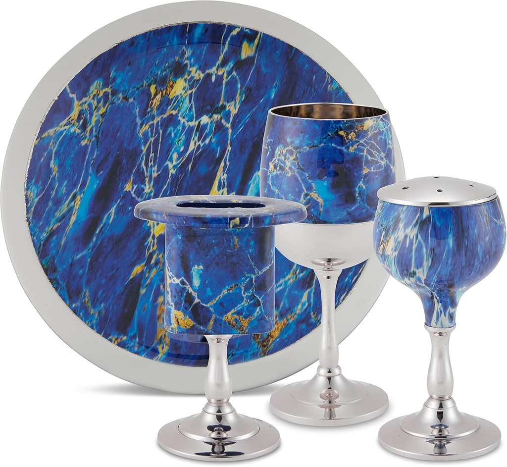 Elegant End of Shabbat Havdalah Set Nickel Plated Blue Marble Decal - Includes Matching Kiddush Cup Goblet and Tray, Havdualah Candle Holder, Besamim Spice Box - Shabbos Decorations by Zion Judaica