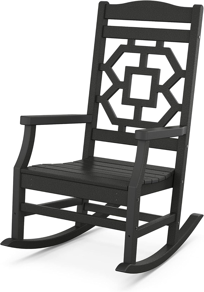 Martha Stewart by POLYWOOD Chinoiserie Outdoor Rocking Chair, Black, Durable HDPE All-Weather Patio Furniture with Decorative Lattice, Classic Porch Rocker for Deck, Garden & Backyard, Made in the USA