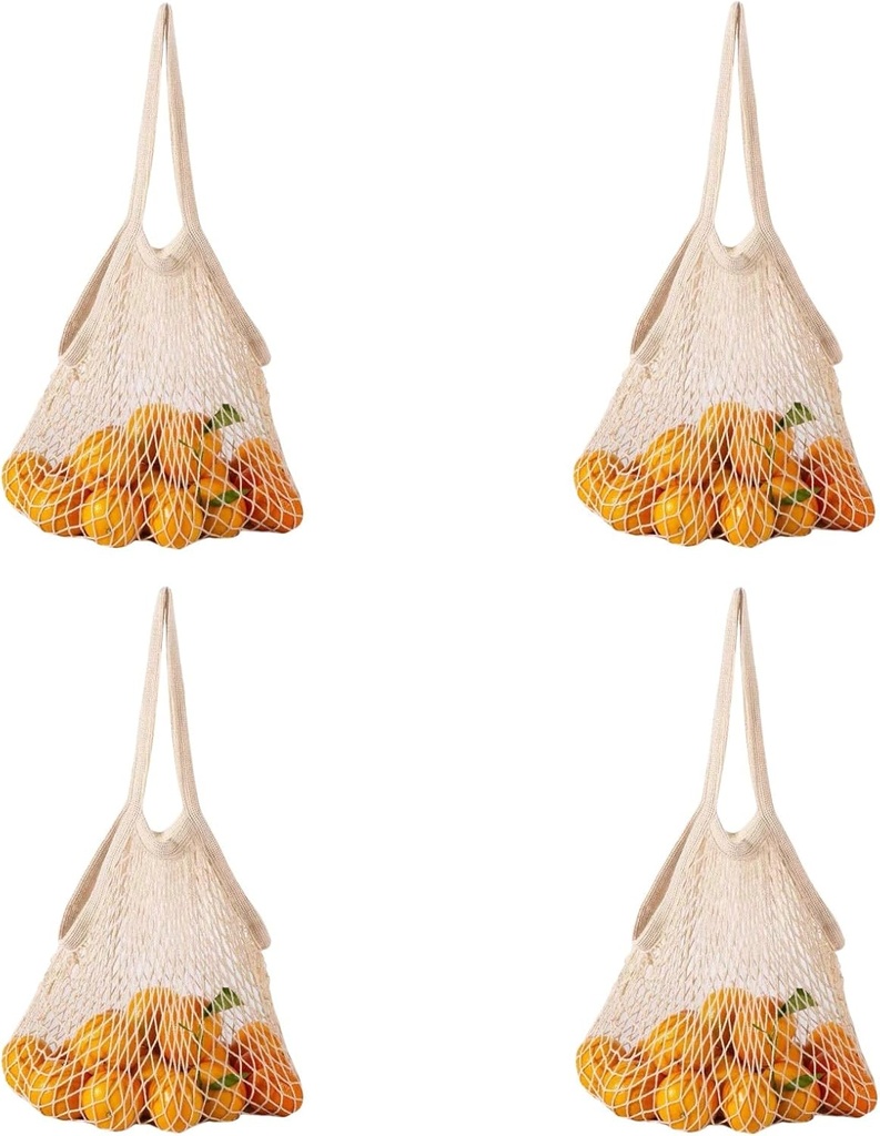 HAN SHENG 4 Pcs Reusable Grocery Mesh Bags Cotton String Bags Shopping Bags Beach Woven Net Handbags Storage Bags for Fruit Vegetable Food Storage Organizer (Long Handle, 10inch)