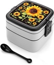 Cute Sunflower Bento Box Double-Layer Bento Lunch Container with Spoon And Invisible Handle Adult Leak-Proof Lunchbox for Dining Out Work Picnics Travel