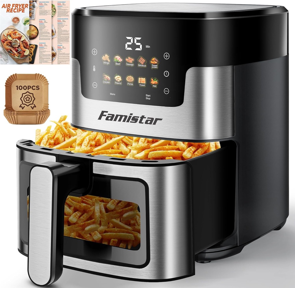 Air Fryer Oven, 10-in-1 7.5Qt Multifunction Air Fryer with Digital LED Touch Screen, 10 Preset Cookings, Dishwasher-Safe Basket, 95% Less Oil, Nonstick Dishwasher-Safe Basket, 100Pcs Liner