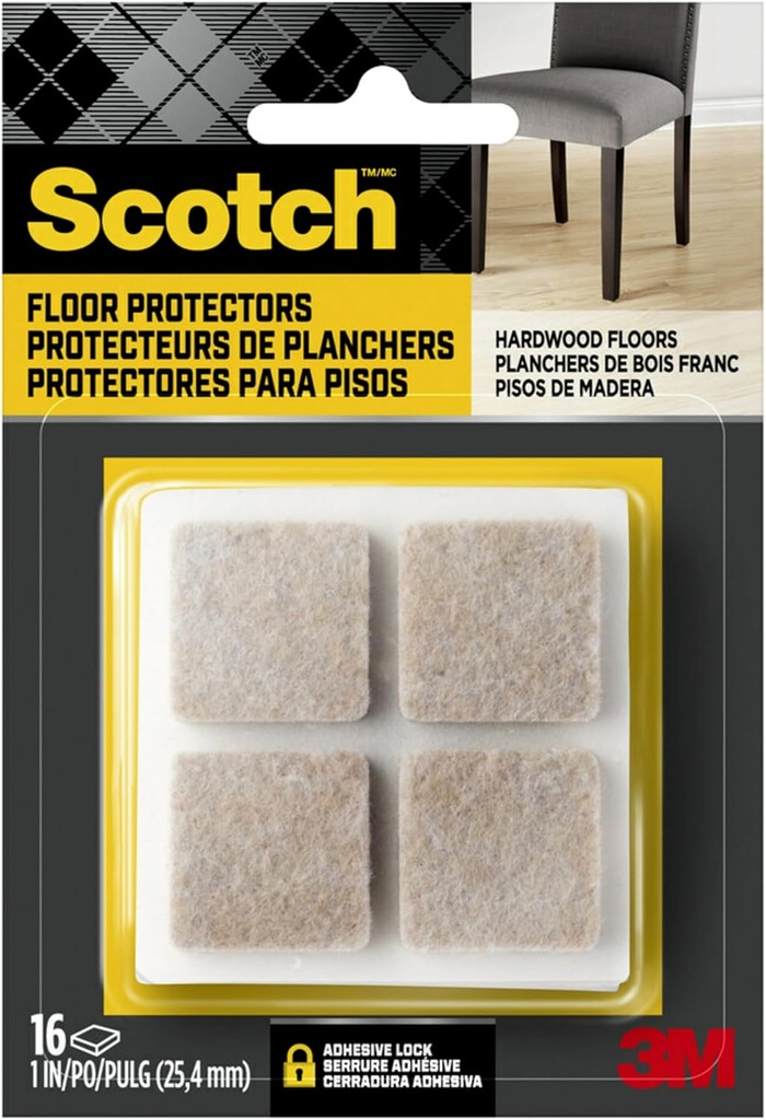 Scotch Felt Pads 16 PCS Beige, Felt Furniture Pads for Protecting Hardwood Floors, 1 x 1 in. Square, Easy-to-Apply, Self-Stick Design, Reliable Protection from Nicks, dents and Scratches (SP802-NA)
