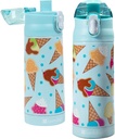 Bentology Stainless Steel 13 oz Reusable Water Bottle for Kids, Ice Cream - Double Wall Insulated, Spill Proof Lid w/Built-in Straw- Keep Liquids Hot or Cold For Hours- Fits in Lunch Boxes & Bags