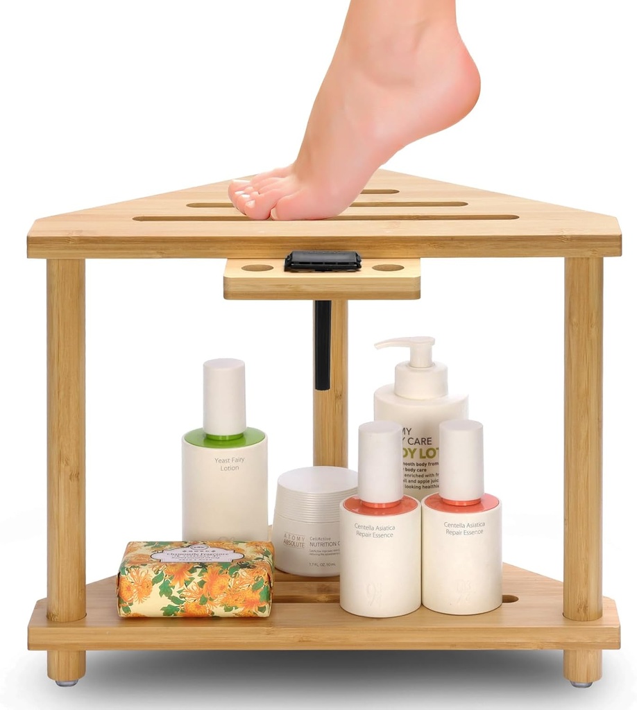 Bamboo Small Shower Corner Stools Bench,Waterproof Shower Chair for Inside Shower, with 2 Tire Storage Shelf,Foot Rest for Shaving Legs for Small Space,Gifts for Women/Mom,14.5x8.6x12 Inch