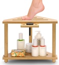 Bamboo Small Shower Corner Stools Bench,Waterproof Shower Chair for Inside Shower, with 2 Tire Storage Shelf,Foot Rest for Shaving Legs for Small Space,Gifts for Women/Mom,14.5x8.6x12 Inch