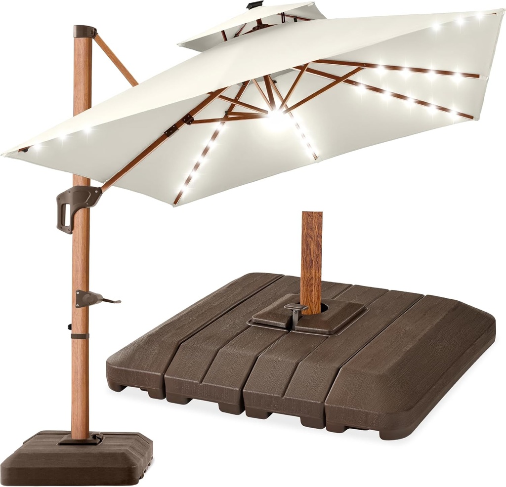 Best Choice Products 10ft Square Cantilever Patio Umbrella w/Base Included, Woodgrain Pattern Pole & Solar LED Lights, 360-Rotation, Offset Hanging Outdoor Shade - Ivory
