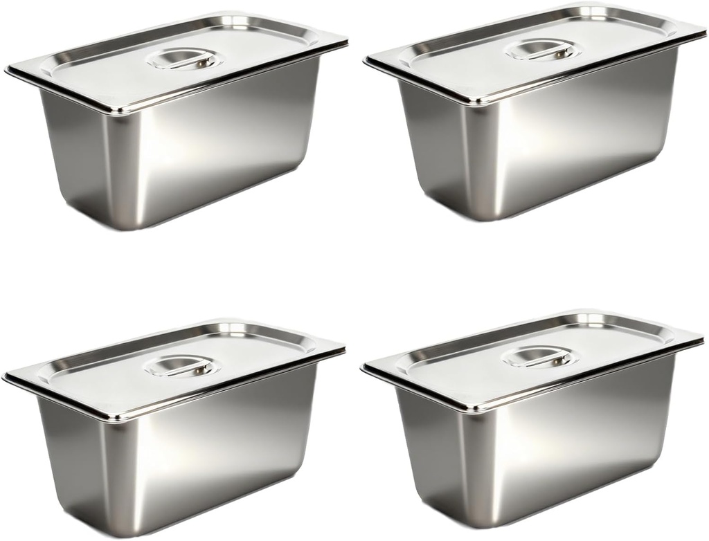 4 Pack Hotel Pans with Lid, 1/3 Size Steam Table Pan Set for Food, 6 Inch Deep Commercial Catering Pan Stainless Steel Table Steam Pans for Hotel, Buffet, Restaurant and Party