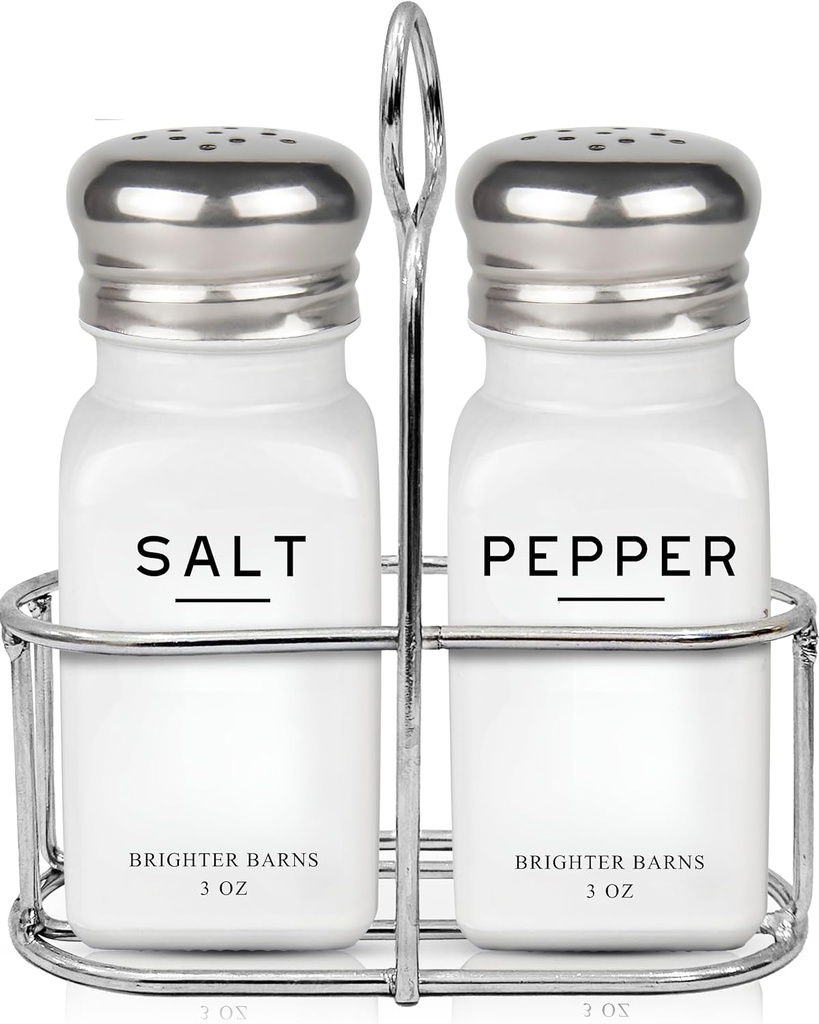 White Salt and Pepper Shakers Set with Holder by Brighter Barns - Neutral Minimalist Glass Salt Shaker with Caddy - Dining Table Decor, Modern Kitchen Accessories for Restaurant, Hotel, Airbnb (White)