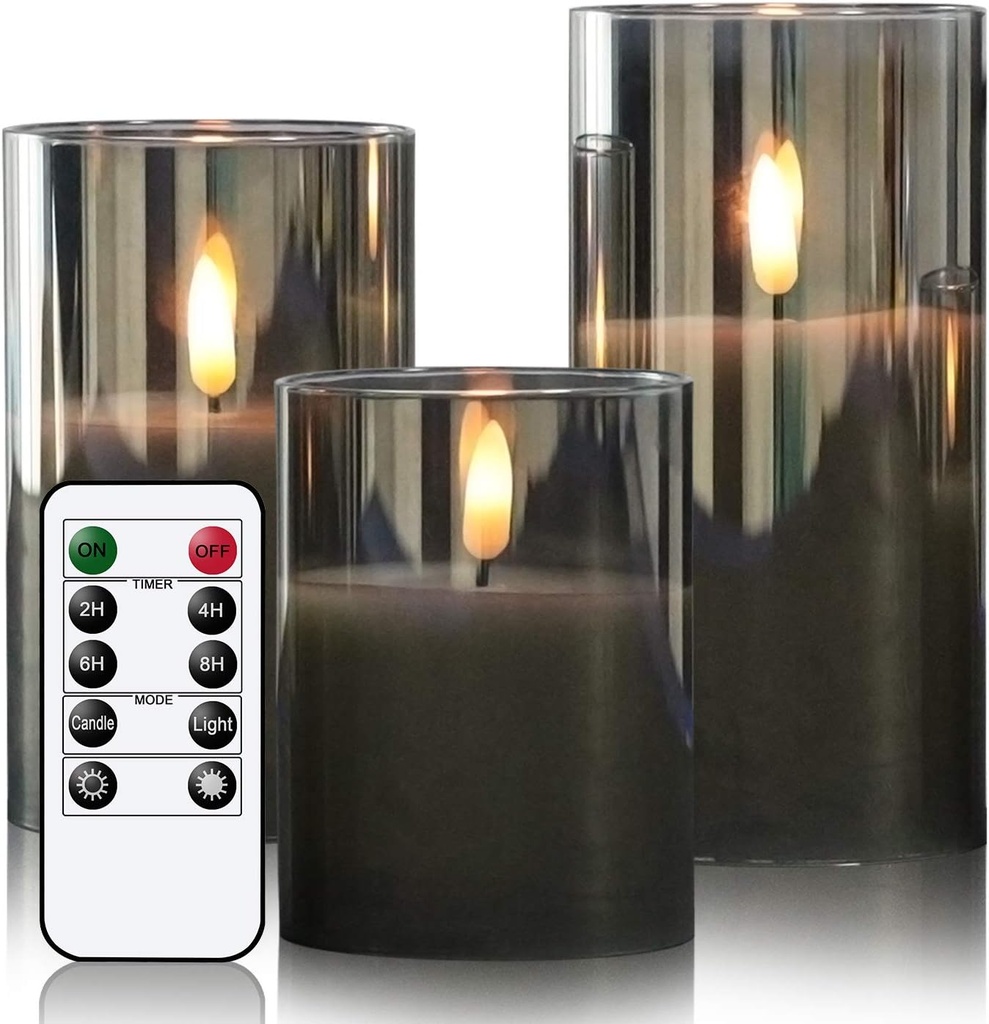 GenSwin Glass Flameless Candles with Remote Battery Operated Flickering LED Pillar Candles Real Wax 3D Wick for Wedding Festival Home Decoration(Gray,Pack of 3)