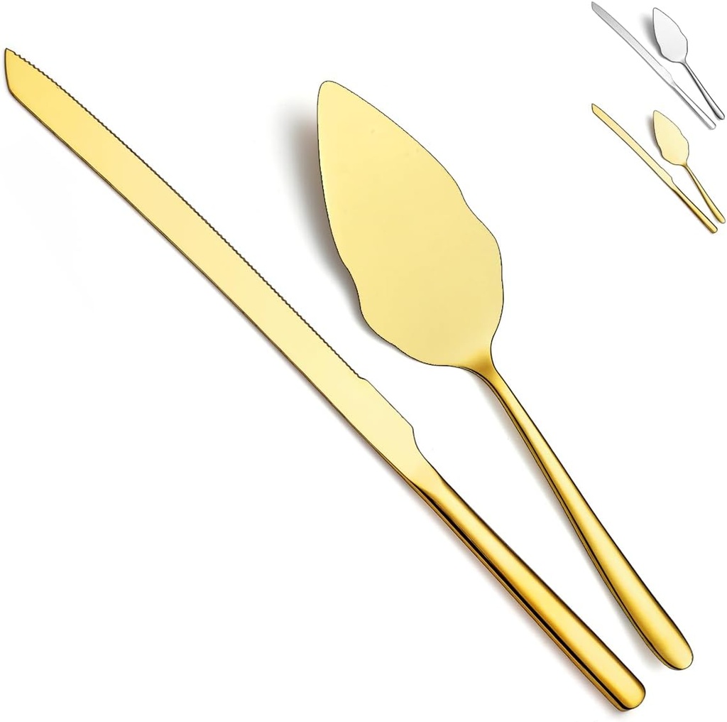 Gold Wedding Cake Knife and Server Set, Stainless Steel Cake Cutting Set, Include Cake Cutter and Cake Server for Parties, Activities, Family, Dishwasher Safe (Shiny Gold)