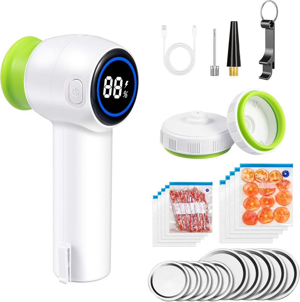 Vacuum Sealer for Food - Electric Mason Jar Vacuum Sealer Kit,Handheld Saver Compact Vacuum Sealer Machine with Digital Display for Food Preservation,Kitchen Tools(10 Seal Bags & 10 Mason)