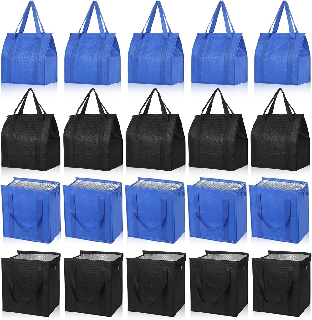 20 Pcs Insulated Shopping Bags for Groceries with Zipper & Handles, Large Foldable Cooler Bags for Hot & Cold Food
