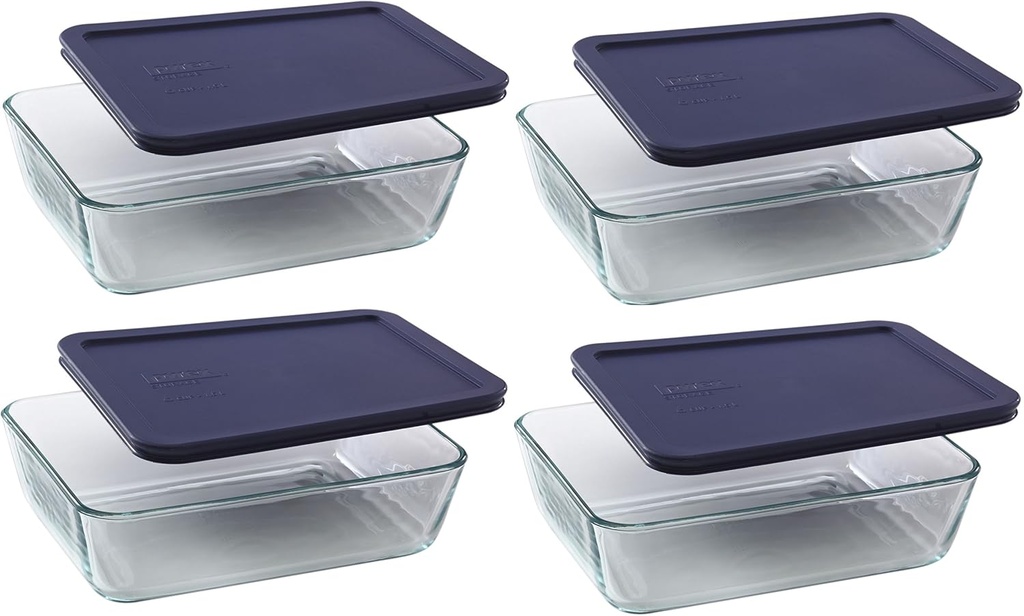 Pyrex 7211 6-Cup Glass Dish & 7211-PC Dark Blue Lid (4-Pack) - Made in USA