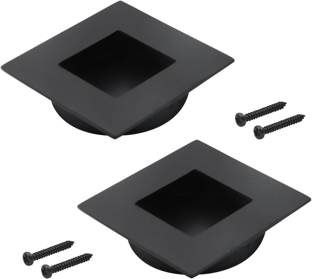 Geesatis 304 Stainless Steel Recessed Cabinet Handles - 2.4"x2.4" Square Finger Pulls for Sliding Doors, Drawers & Wardrobes, Matte Black, Set of 2 (Easy Install, Durable)