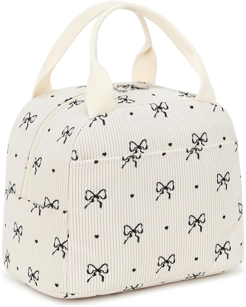EurCross Cute Bow Tie Lunch Bag for Girls, Ivory Corduroy Insulated Lunch Bag for Two-Meal Space Perfect for School Days, Commuting, fits Bento Boxes, Round Containers, Designer Lunchboxes