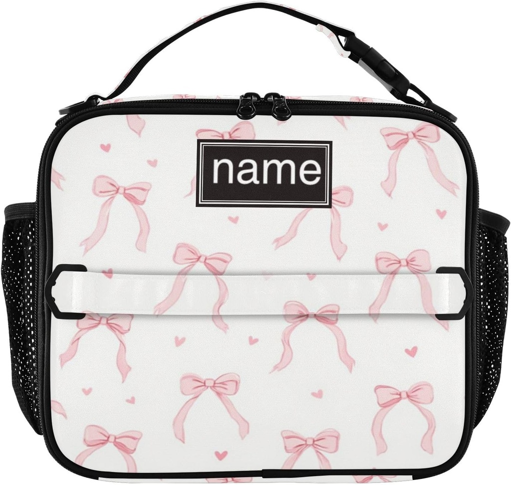 Kcldeci Custom Insulated Lunch Box for Girls Boys,Cute Coquette Pink Ribbon Bow Personalized Insulated Lunch Box Customized Reusable Lunch Bag