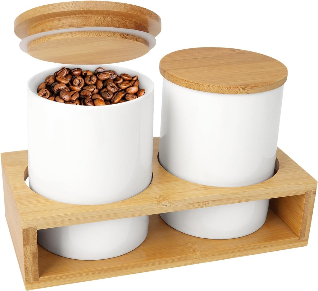 Ceramic Canisters Sets for Kitchen - 2 Piece Airtight Storage Jars with Bamboo Lids,Ideal for Flour,Sugar,Coffee,Tea & Cookies,Elegant Countertop Food Storage Containers(23.7oz White)