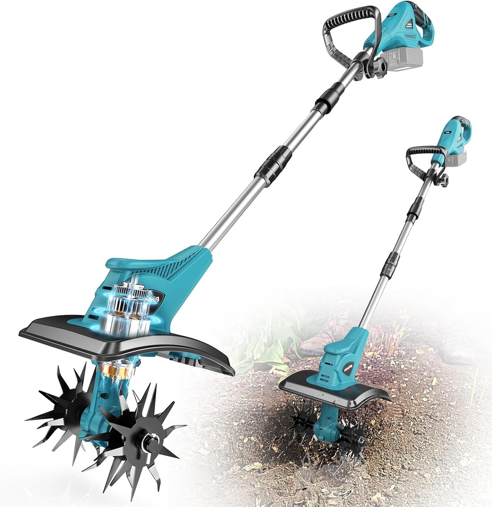 Cordless Tiller Cultivator Compatible with Makita 18V: MtiolHig Tiller for Gardening 360RPM Electric Garden Tiller, Brushless Rototiller 9" Width 6.3" Depth for Lawn/Soil Cultivation (No Battery)