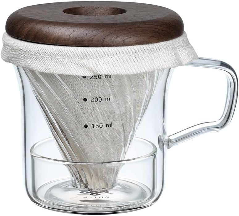ATHIA Glass Pour Over Coffee Dripper Set, Glass Cone Dripper, Reusable Cloth Filter, Leather Cup Sleeve, Minimal Single Cup SET, for outdoor, office or at home (Walnut Wood)