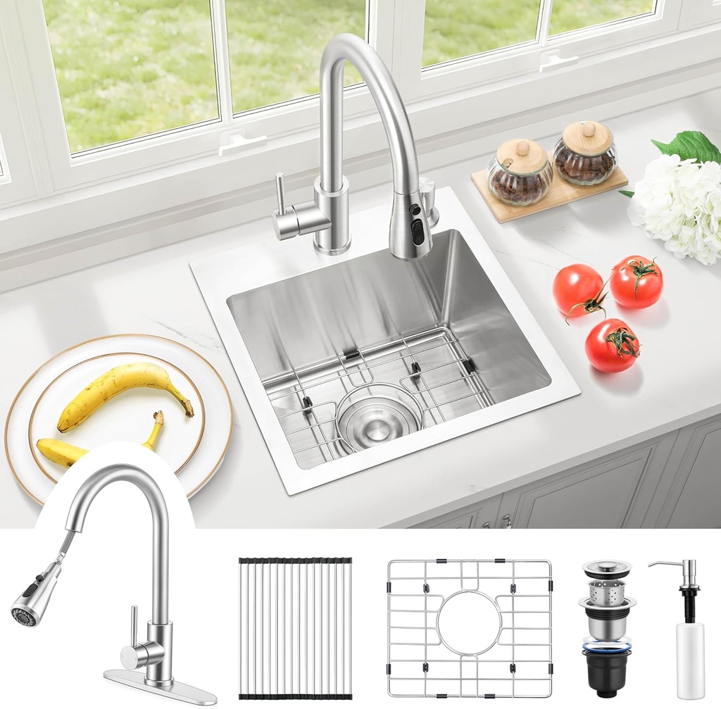 Herogo 15×15 Inch Drop In Kitchen Sink with Faucet Combo, Small Utility Deep Single Bowl Sink, Handmade for Rv Bar Laundry Room Outdoor Farmhouse