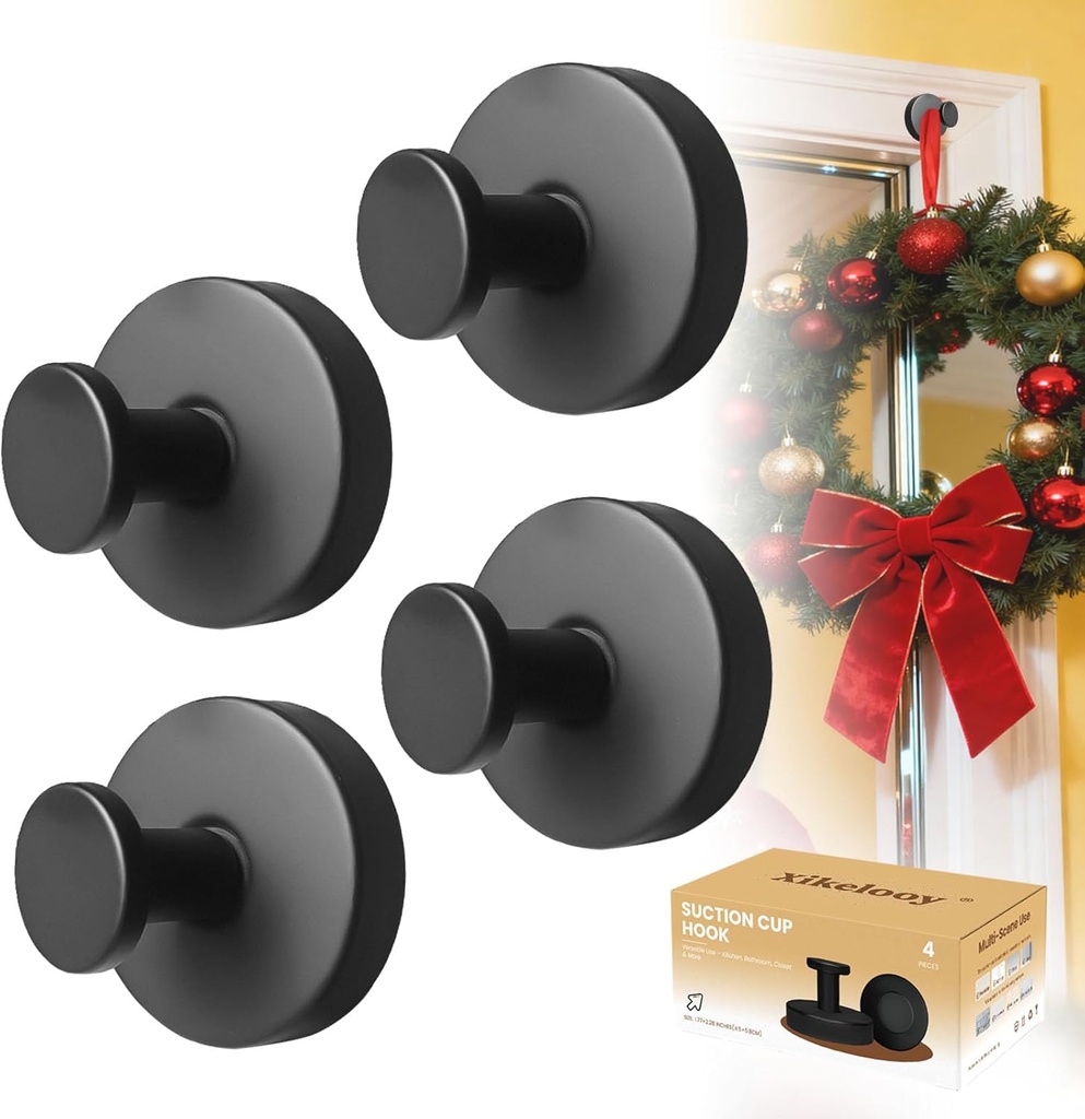 Suction Cup Hooks, Suction Cup Hooks for Shower,Removable Towel Hooks for Bathroom Window Glass Door Wall, Bath Robe Looafh Wreath Hook for Hanging (Black)
