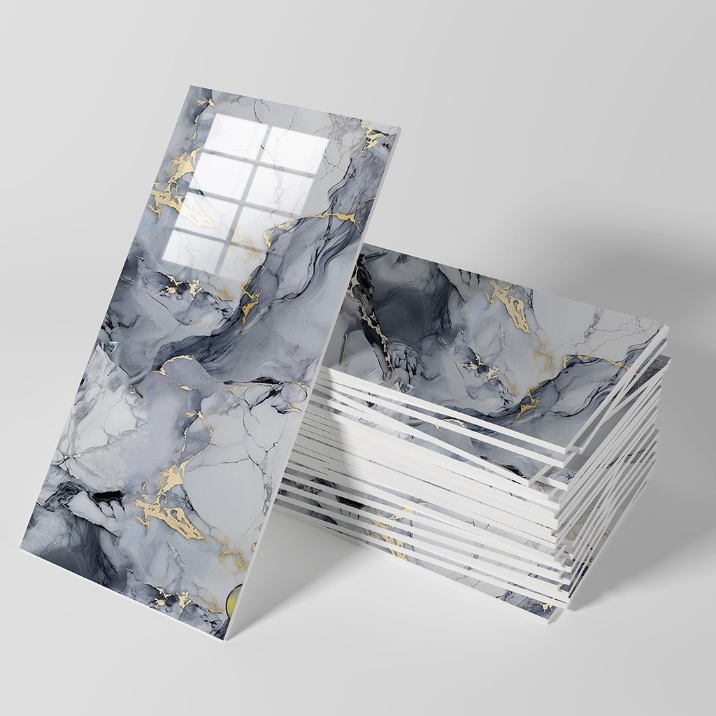 10pcs Peel and Stick Wall Panels (23.6"x11.8",) Marble PVC Waterproof Backsplash Tiles for Kitchen, Bathroom, Peel and Stick Tile，White Gray (Blue+Gold, 23.6 inches * 11.8 inches)