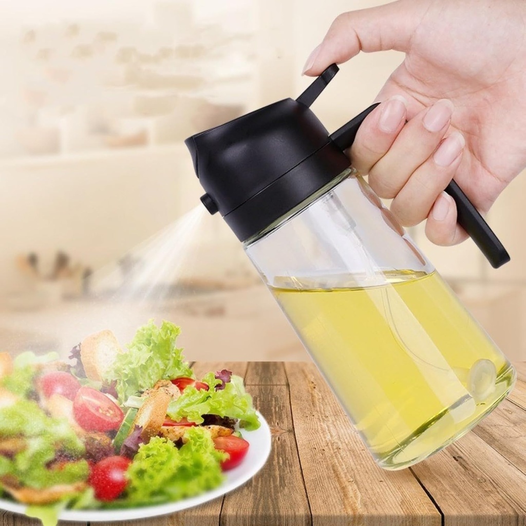 Oil Sprayer for Cooking, 2 in 1 Glass Olive Oil Dispenser Bottle for Kitchen Premium Glass Oil Sprayer Bottle, Food-grade Oil Mister for Air Fryer, Salad, Frying, BBQ(Black,470 ML)