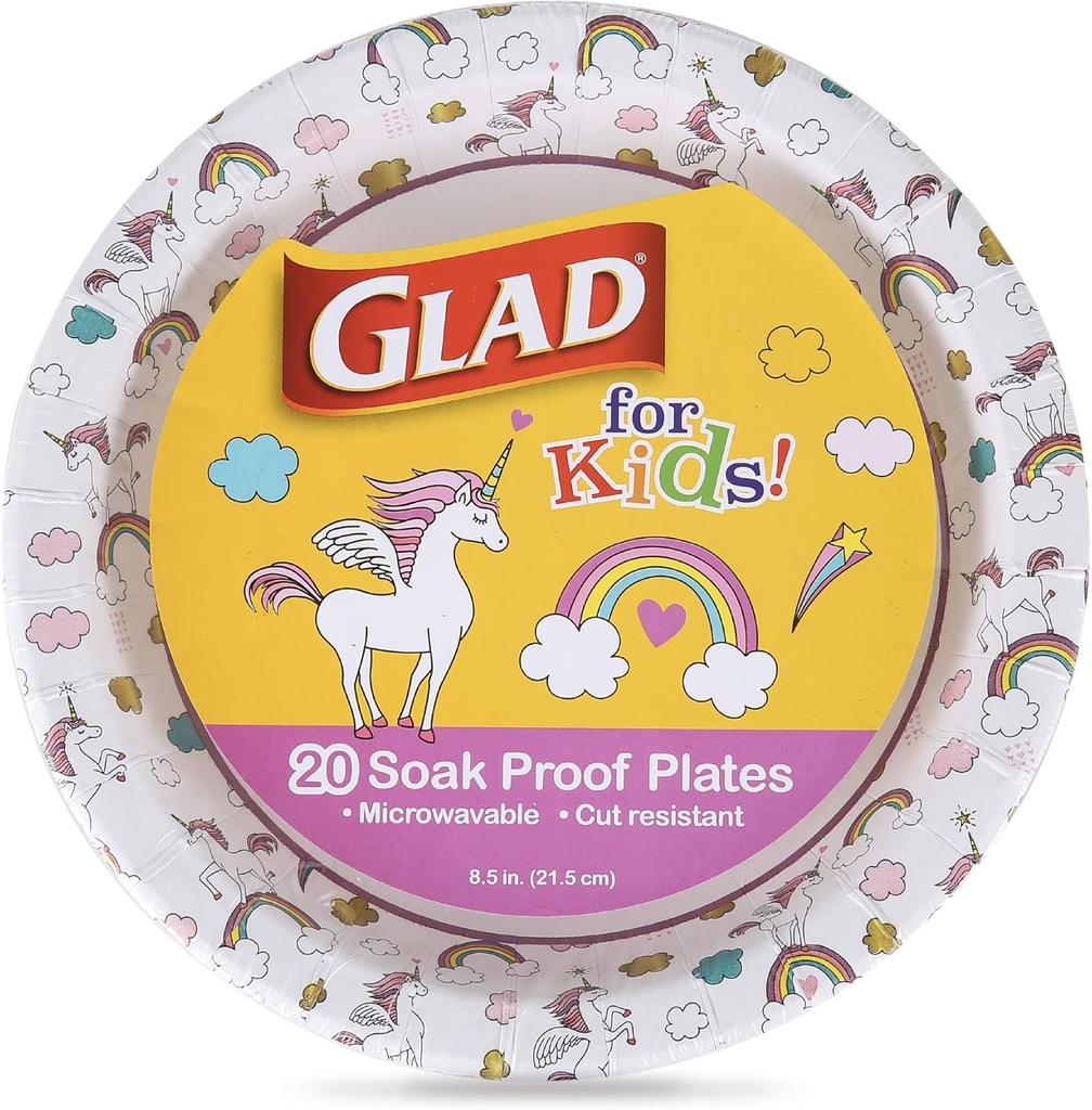 Glad for Kids Unicorn Theme Round Disposable Paper Plates - Heavy Duty, Soak Proof, Microwavable Plates with Unicorns Design for All Occasions, 8.5 Inch, 20 Count