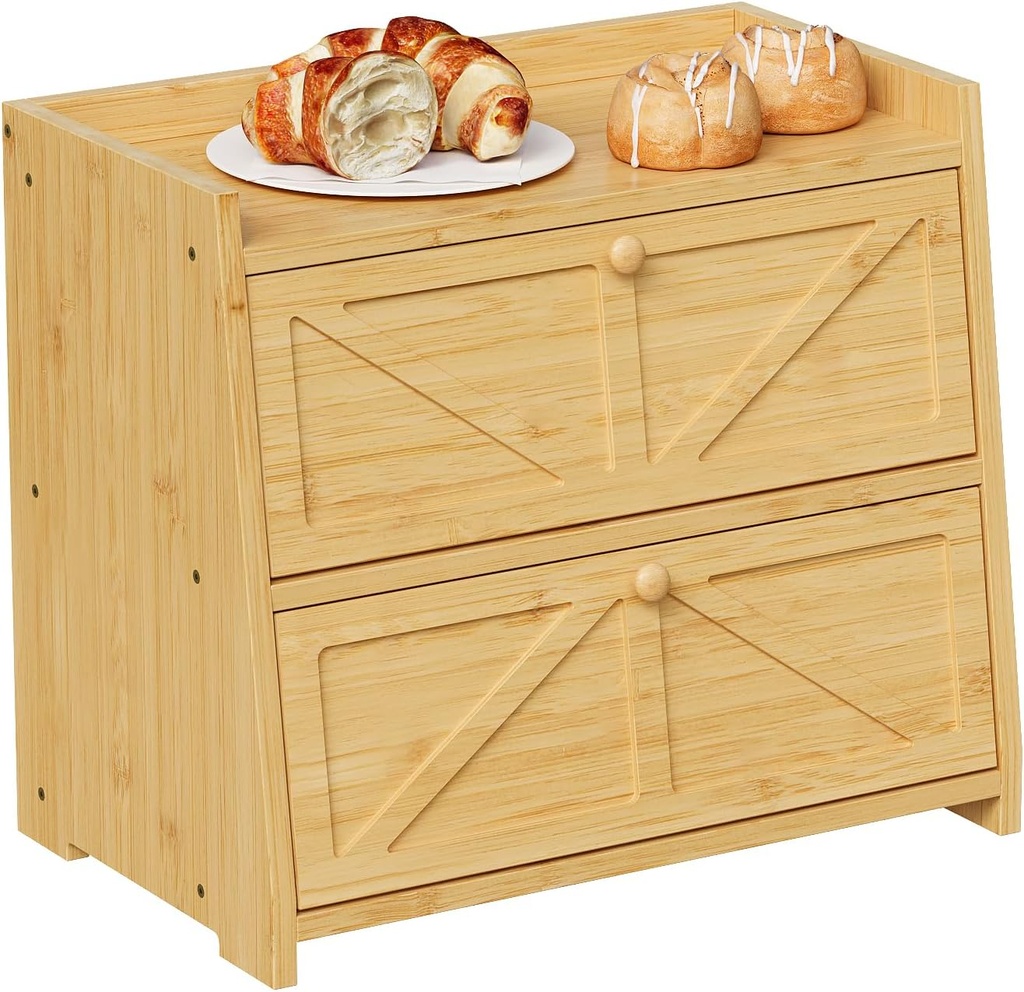 Vintage Double Layer Bread Box for Kitchen Counter Bamboo Bread Storage Container Large Capacity Bread Storage Bin (Natural Bamboo)