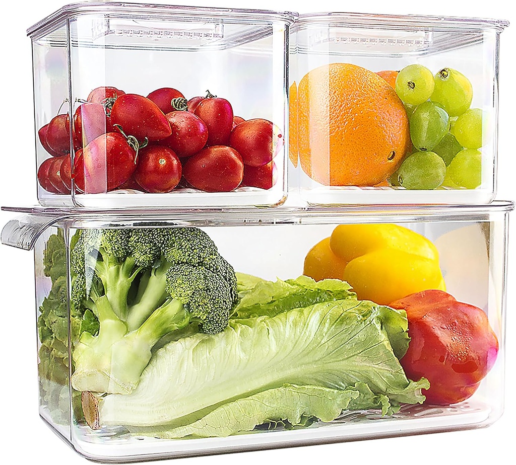 elabo Fruit Storage Containers for Fridge Fresh Produce Saver - 3 Pack Stackable Fridge Organizers Bins with Lids, Drain Tray, Food Storage Container for Vegetables, Lettuce, Salad and Berry, BPA-free