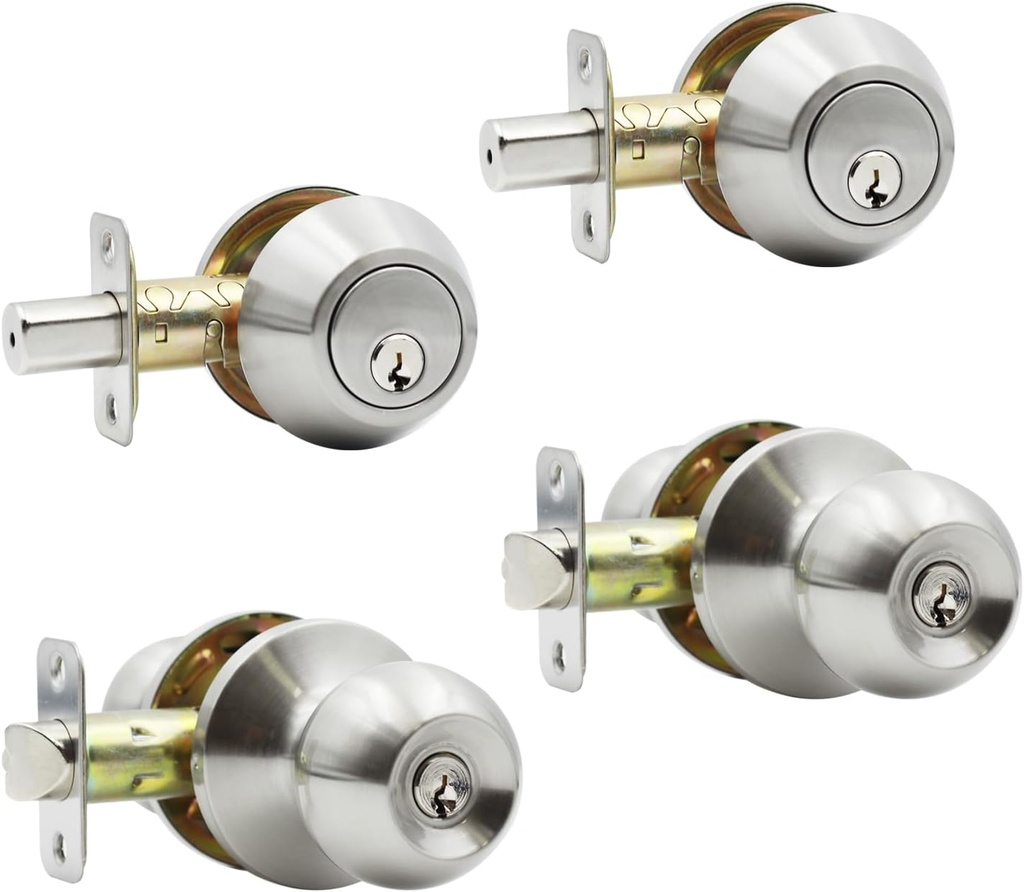 Entry Door Knob and Single Cylinder Deadbolt Combo,Keyed Alike Combination Sets Door Locksets, Satin Nickel Front Door Knobs and Deadbolt Set (2 Pack)