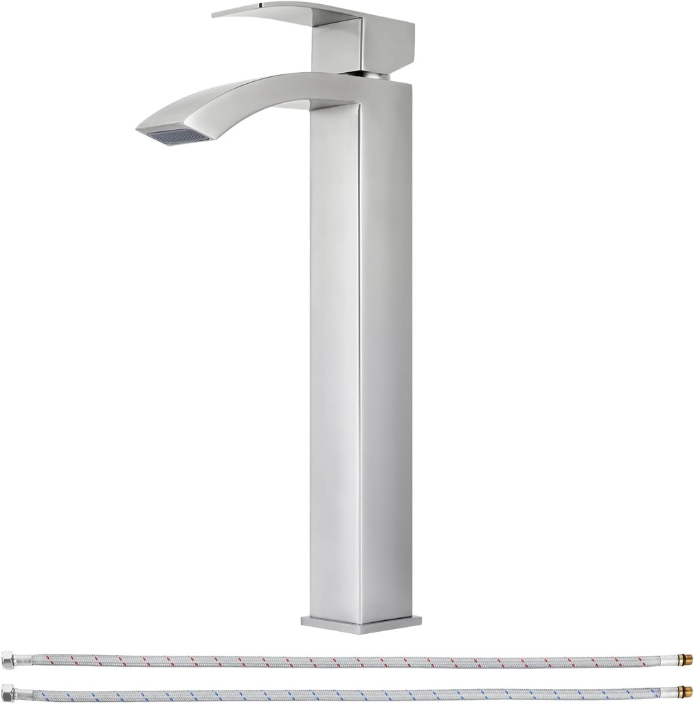 Single Handle Vessel Sink Faucet Waterfall Tall Bathroom Bowl Basin Mixer Tap One Hole with Water Supply Line, Brushed Nickel