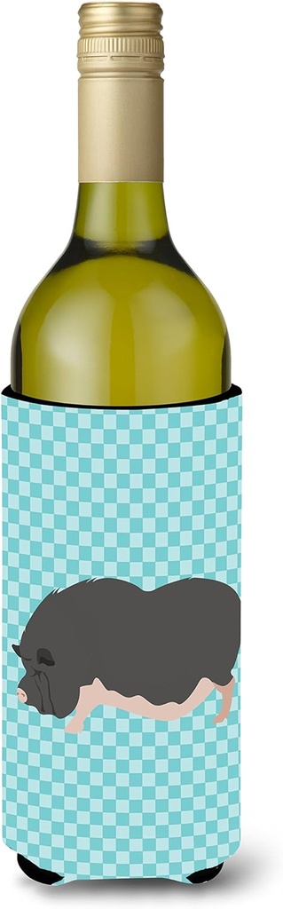 Caroline's Treasures BB8115LITERK Vietnamese Pot-Bellied Pig Blue Check Wine Bottle Hugger Bottle Cooler Sleeve Hugger Machine Washable Collapsible Insulator Beverage Insulated Holder