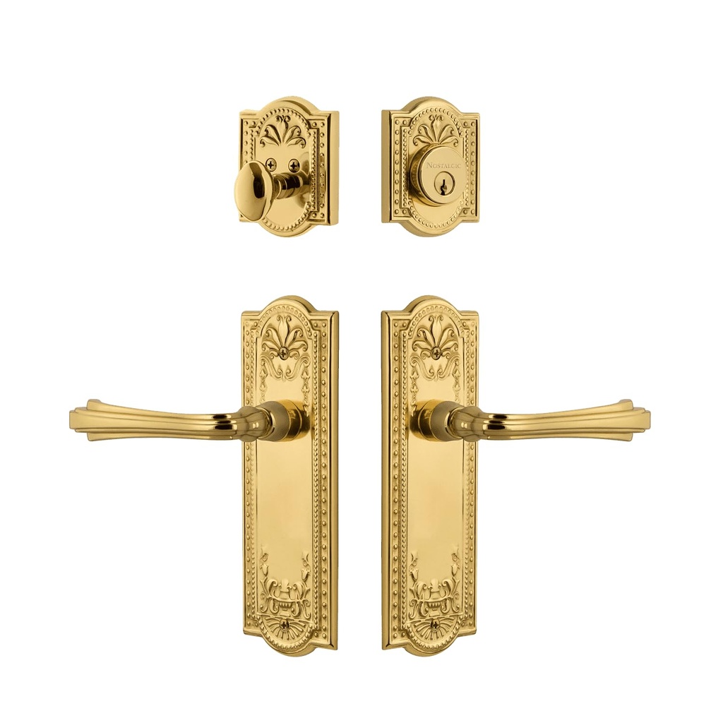 Nostalgic Warehouse Meadows Entry Set with Fleur Lever in Unlacquered Brass-2 3/8" Backset-Right Handed