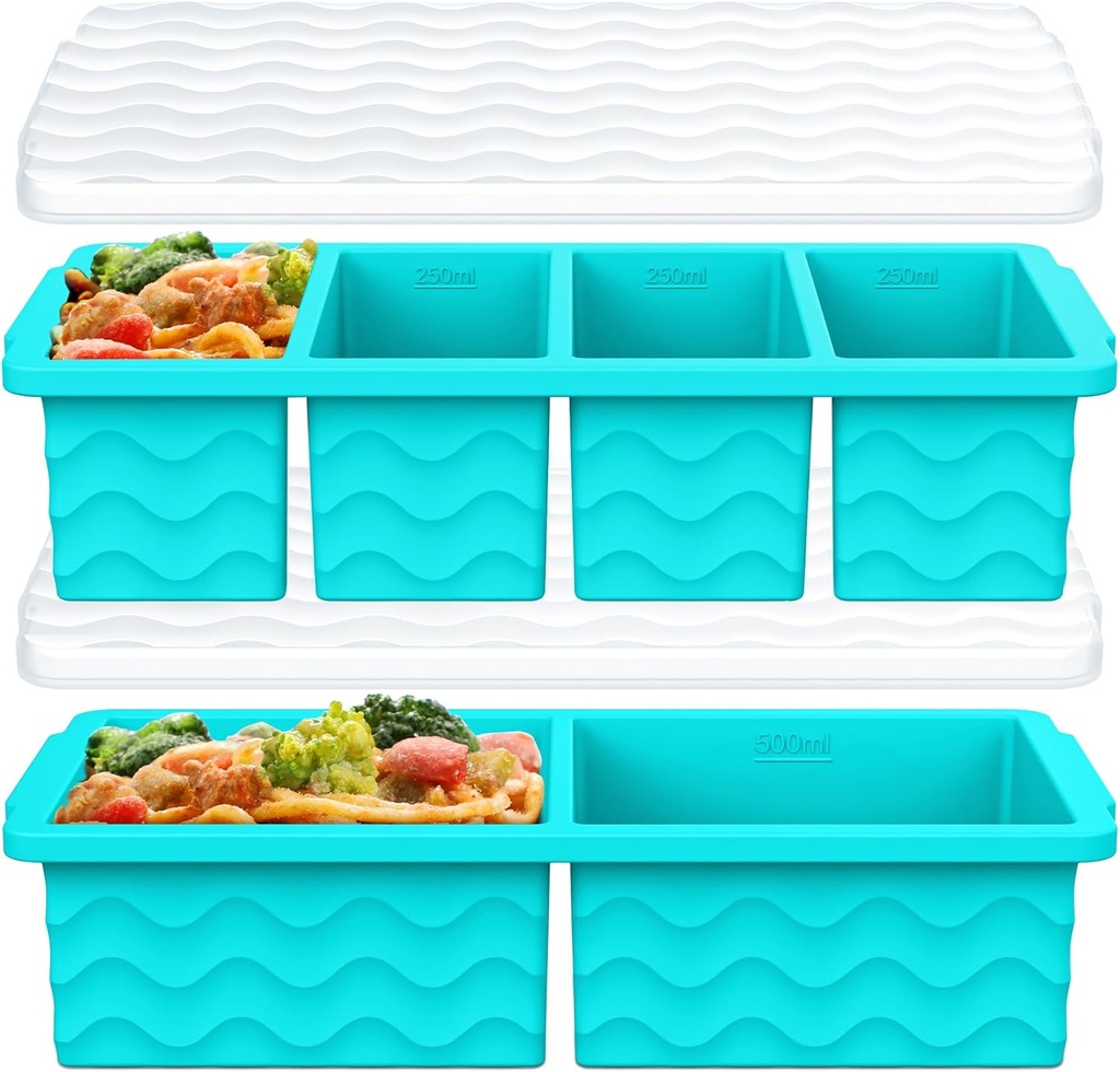 Silicone Freezer Trays with Lid for Soup, 1-Cup & 2-Cup Large Ice Cube Molds Food Storage Containers for Meal Prep, Freeze 250mL/125mL Portions – 2 Pack
