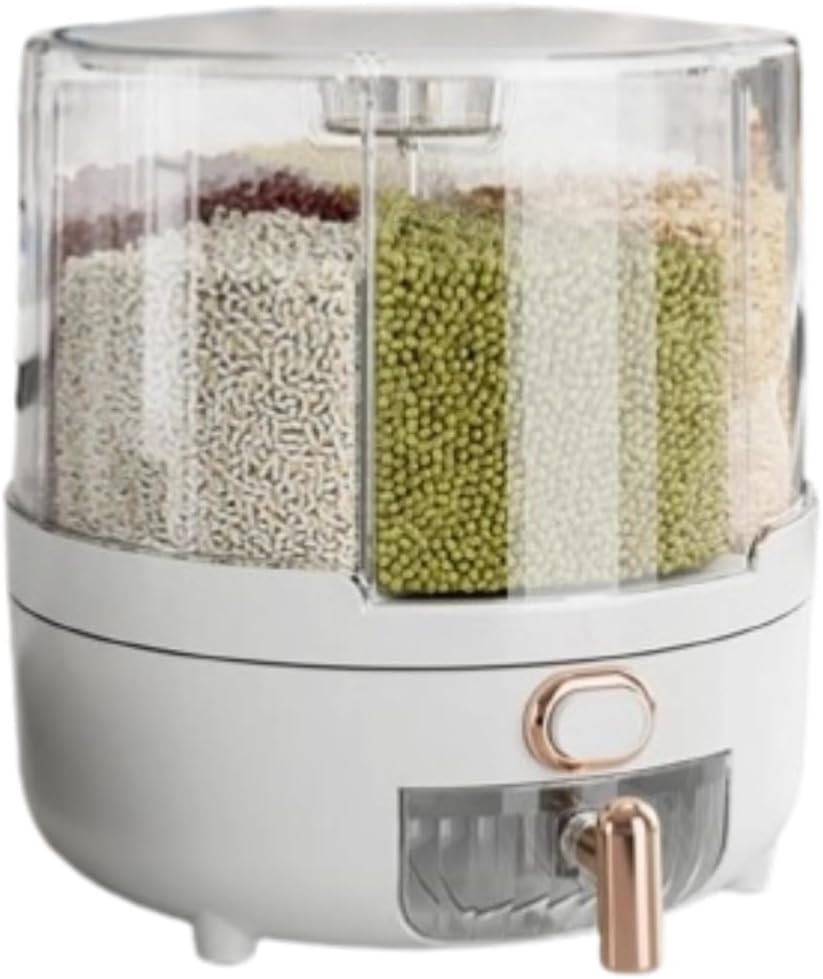 Grain Dispenser, 360° Rotating Food Dispenser Grain Storage Container Rice Storage Container Round Cereal Dispenser with 6 compartments for Home (Medium)