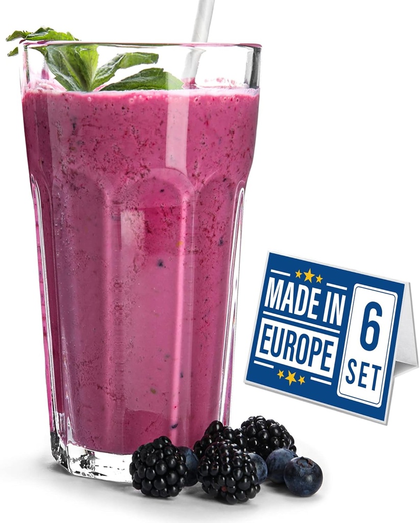 Volarium Drinking Glasses Set of 6, Premium Lead-Free Clear Iced Tea Glasses, Heavy Base Highball Glass Tumbler Set for Drinking Water, Cocktail, Juice, Milkshake, Coke, Soda, 12 ¼ oz